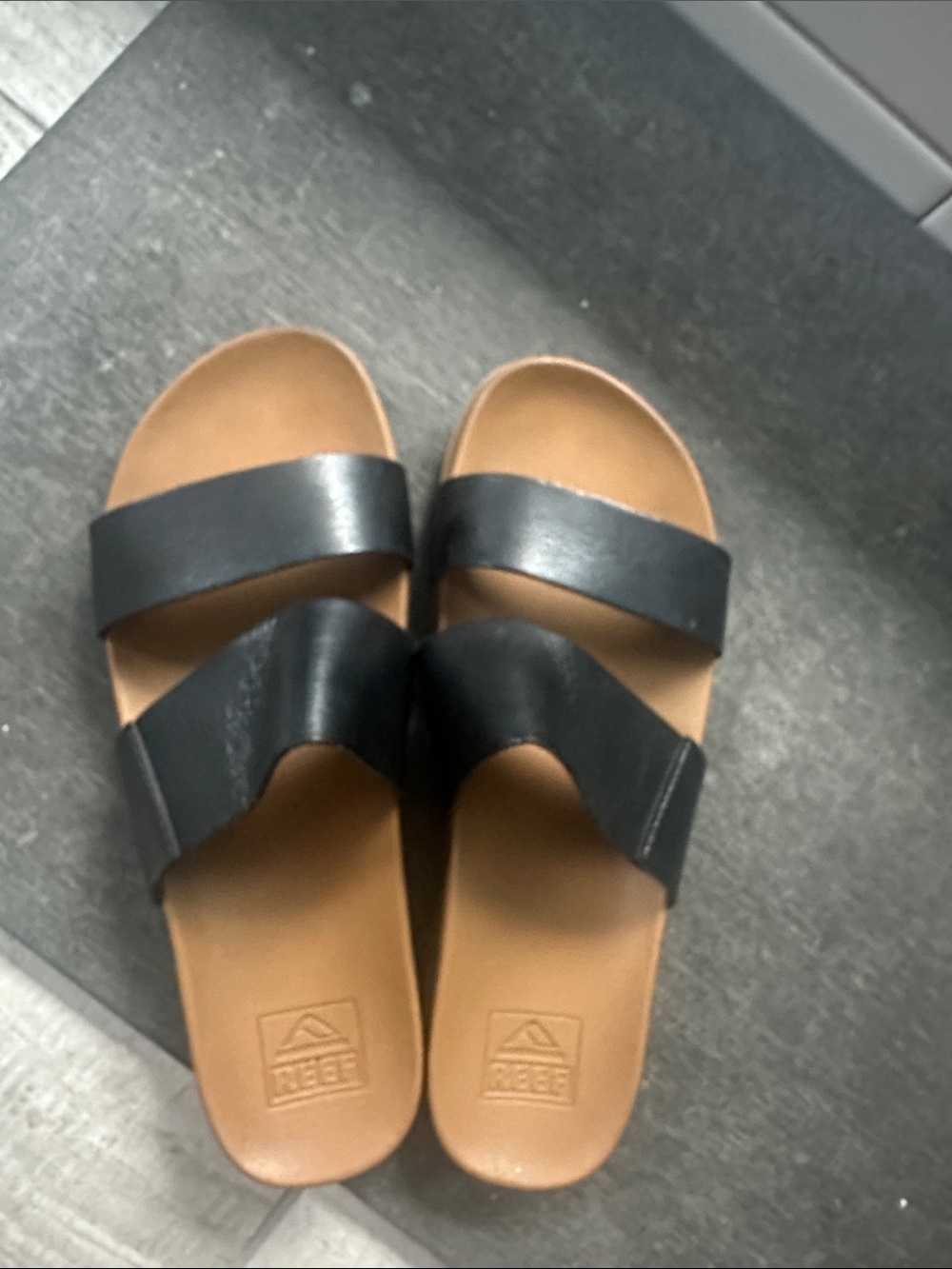 Reef Black and Tan Double Strap Slide Sandals